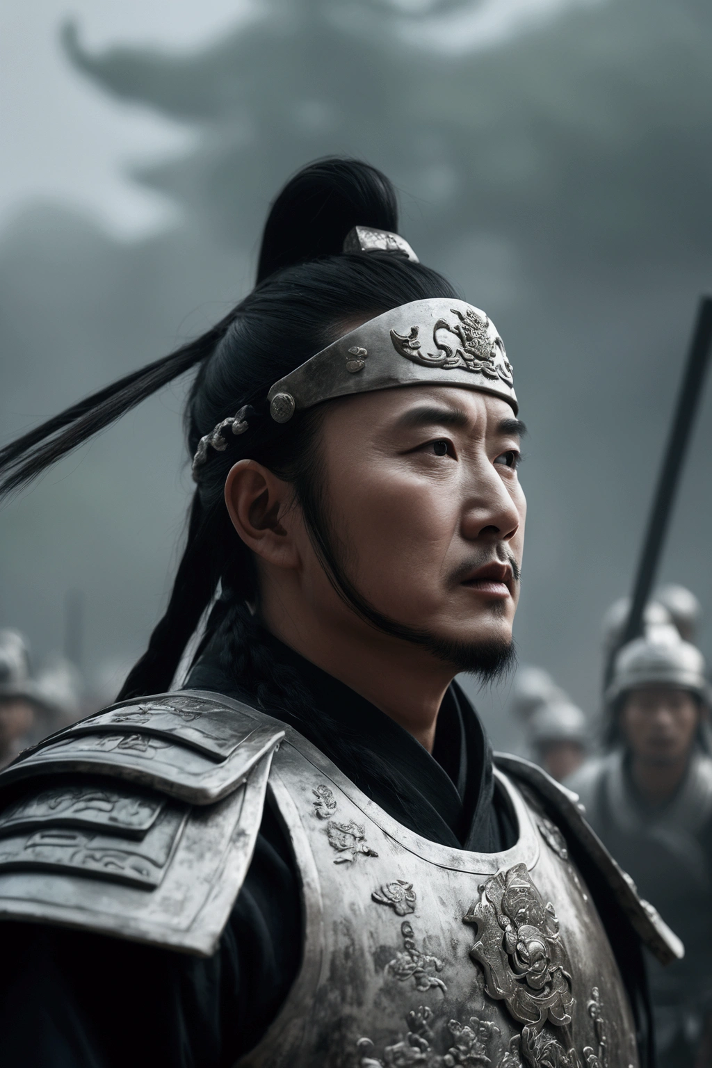 Bust of an ancient Chinese general on the battlefield，The armor is broken, Starry sky and fog cover the landscape.Rich historical background. (Highest quality,4K,8k,High resolution,masterpiece:1.2), Very detailed, (Realistic,Realistic,Photorealistic:1.37), High resolution, Hyper HD, Studio Lighting, Ultra-fine painting, Sharp focus, Physically Based Rendering, Very detailed説明, Professional, Vibrant colors, Bokeh, Sports Late, Ancient War Landscapes, Traditional Chinese Painting Techniques, Atmospheric lighting, Dynamic Pose, Complex combat scenarios, Vivid color contrast, Visually stunning composition, Ethereal atmosphere, heroism. Black and White