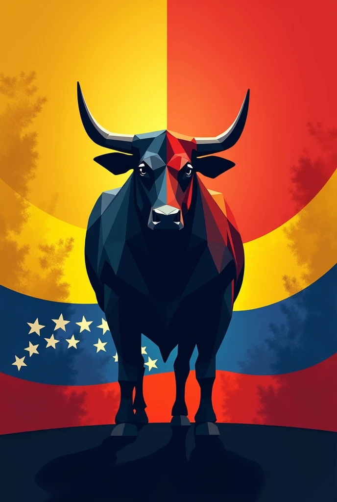 Make an image where the geometric silhouette of a bull appears, the flag of Spain, the flag of venezuela (in feminine)