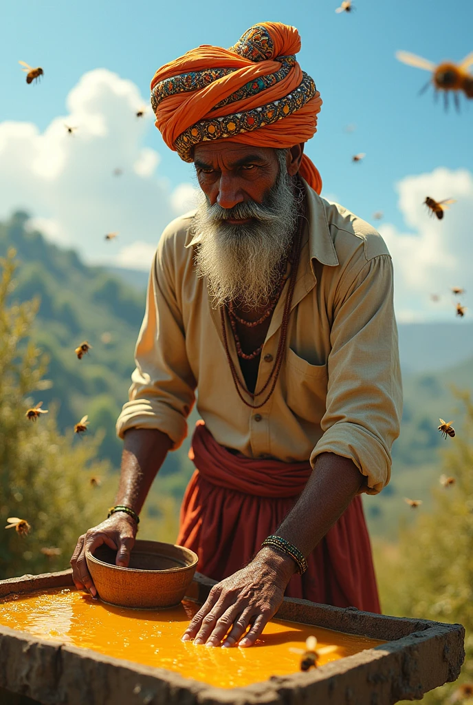 A Rajasthani man with a turban on his head is collecting honey from bees. He has a bucket in his hand to pour honey and bees are flying all around 