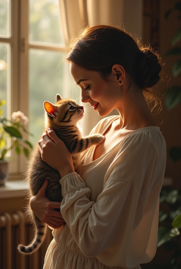 "Their bond was a testament to the magic of love and the unexpected ways it finds us."
A touching scene that encapsulates the deep bond between the woman and the kitten, showing the magical, transformative power of love.
