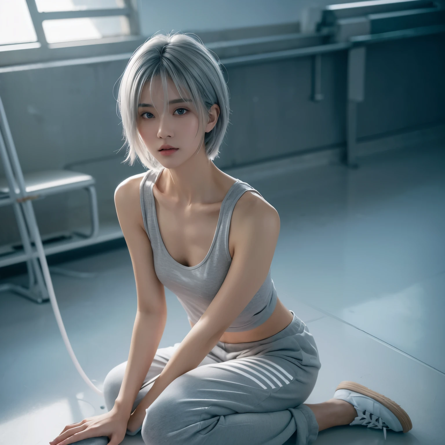 Short and messy boy band member with gray hair, Red Eyes, Close-up photos, Reality, Wear a tank top and jogging bottoms, Solid Color, futuristic city, Dynamic camera angles, Full body beauty anime style, Clean and delicate face, Complex clothes, analogous colors, Bright shadows, Beautiful gradient, Depth of Field, Hair Light, Clear images, high quality, High Detail, HD, Luminous Studio graphics engine, Pretty Face, Slim waist,