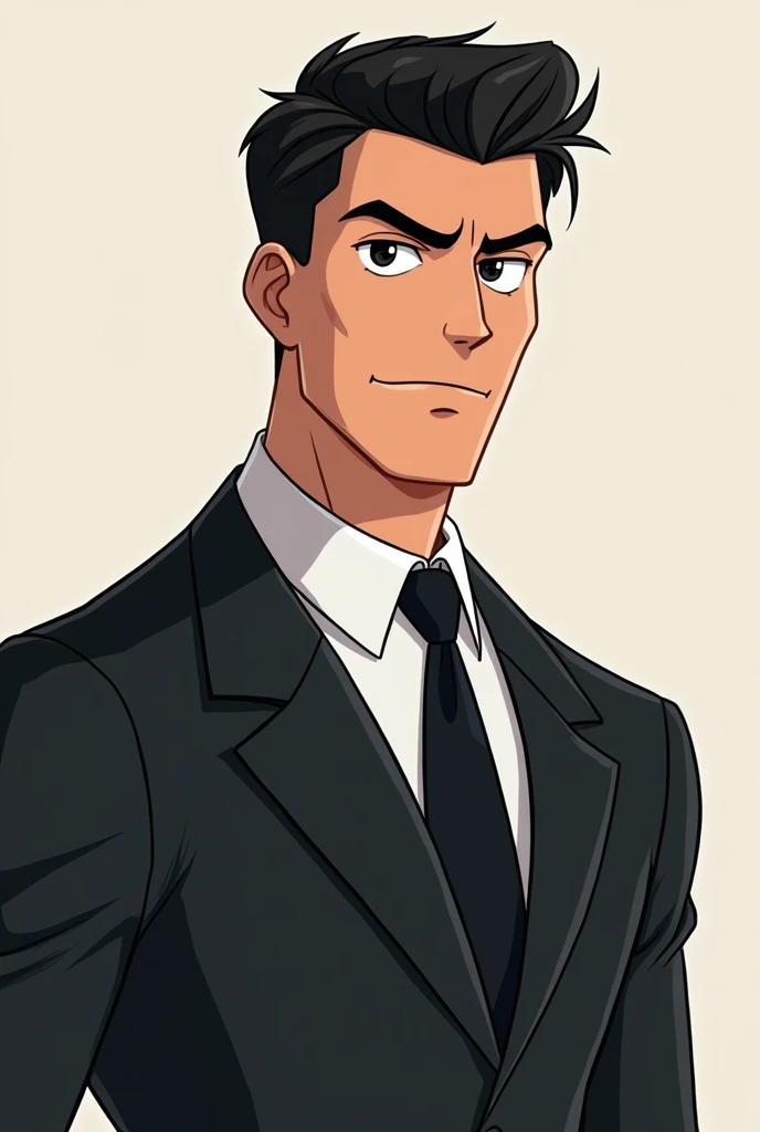 Cartoon enemy character, wearing a suit and decent and black hair, mature boy, 20 years years, old