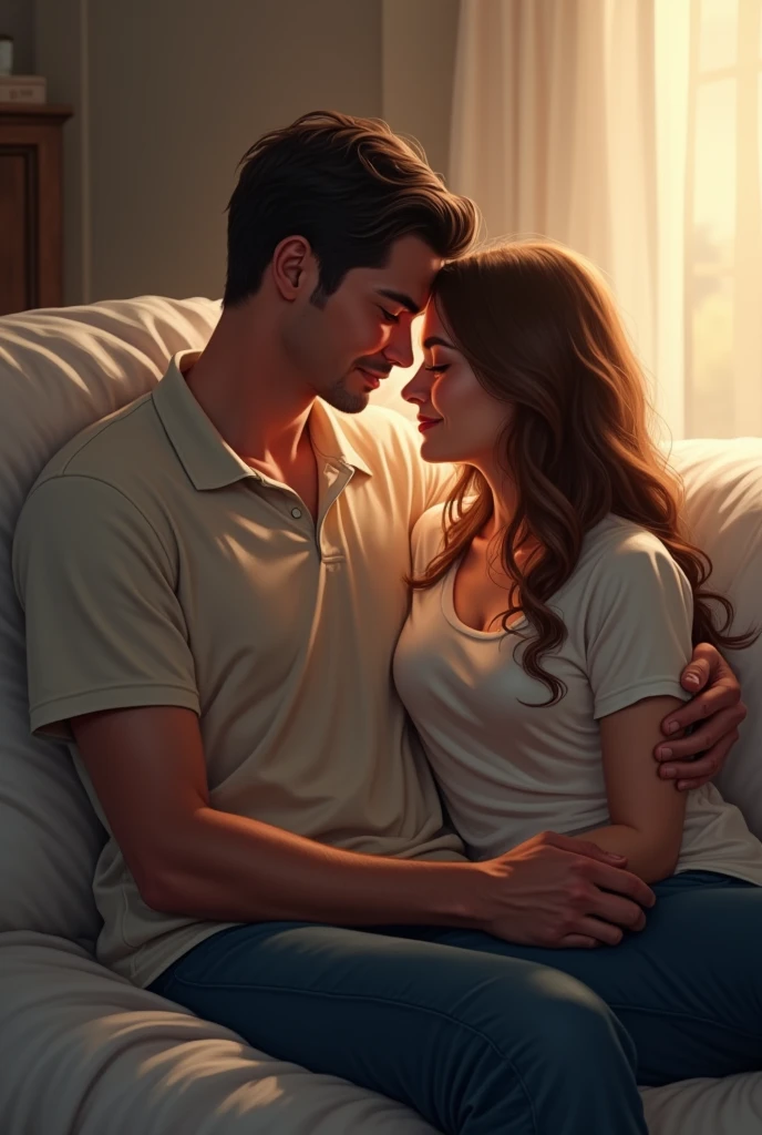 A man sits on her wife lap