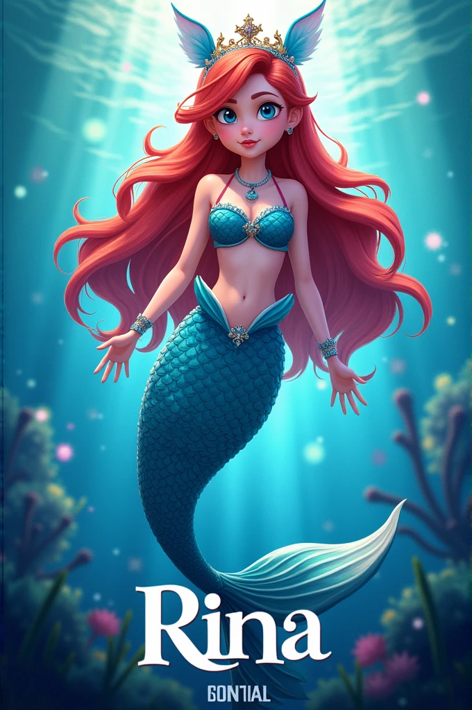 A poster for the show "Rina" Season 1
Rina is a mermaid with blue tail, top, ears and crown and red hair
