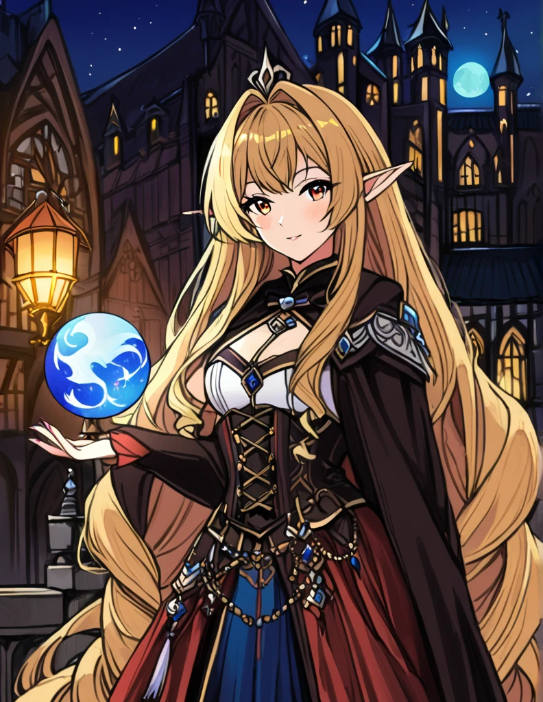 1girl, elinalise dragonroad, A highly detailed digital painting of a blonde woman in a blue, ornate fantasy outfit, holding a glowing orb, set against a night-time backdrop with a full moon and medieval architecture, highly detailed, natural lighting, vibrant colors, elf ears, pointy ears