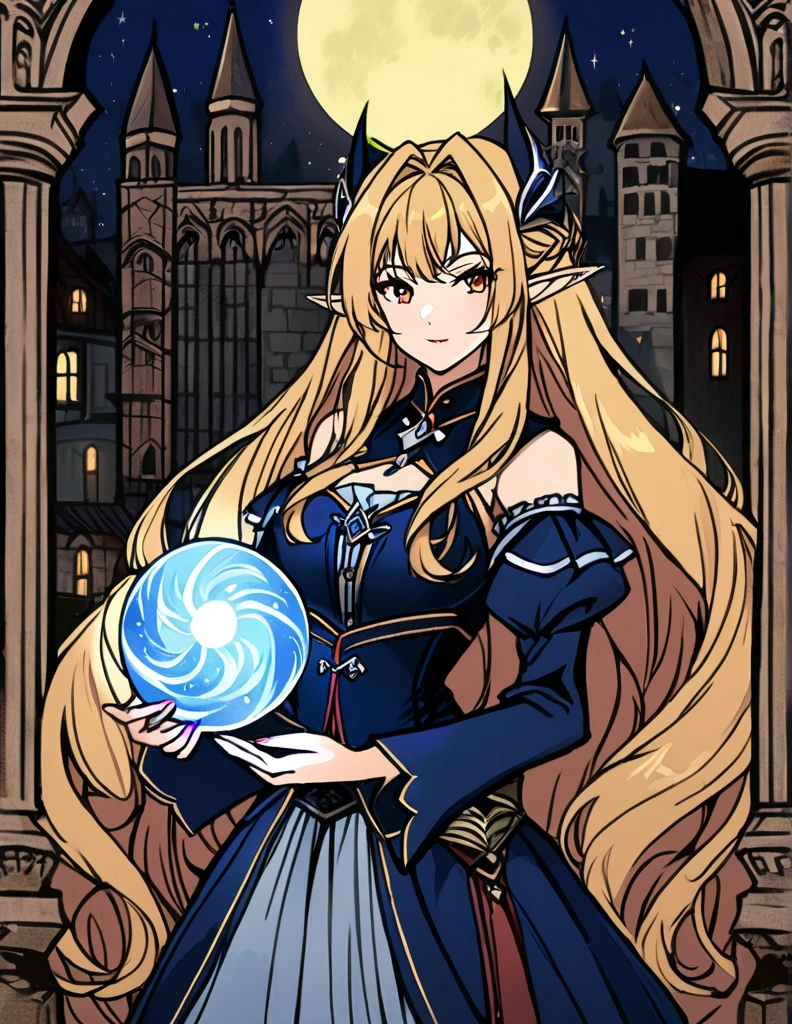 1girl, elinalise dragonroad, A highly detailed digital painting of a blonde woman in a blue, ornate fantasy outfit, holding a glowing orb, set against a night-time backdrop with a full moon and medieval architecture, highly detailed, natural lighting, vibrant colors, elf ears, pointy ears