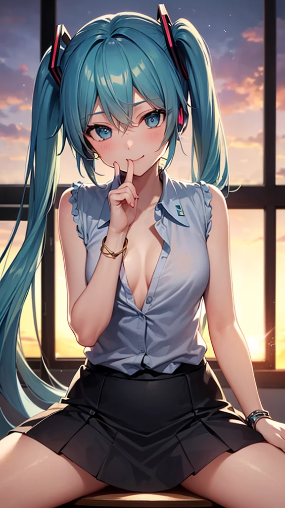 (Masterpiece,Super Detail,in 8K,best composition,moody lighting,photorealsitic,dynamic shot)1.5,view from the front,solo,(Hatsune Miku,light blue twin tail)1.3,beautiful detailed eyes,looking at the camera,close one eye,wink,mischievous smile,detailed shiny skin,cleavag,(sit on the desk,spreading legs,one finger to mouth,the other hand to unbutton the blouse)1.5,Blouse with exposed chest,gray and black check pattern mini-skirt,cute bangles,dazzling sunset,Backlit,in classroom,particles of light