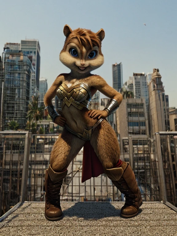 score_9, score_8_up, score_7, score_6, city, brittany miller, chipmunk, furry, short ears, Wonder Woman outfit, red boots, looking at viewer, 6 inches tall
