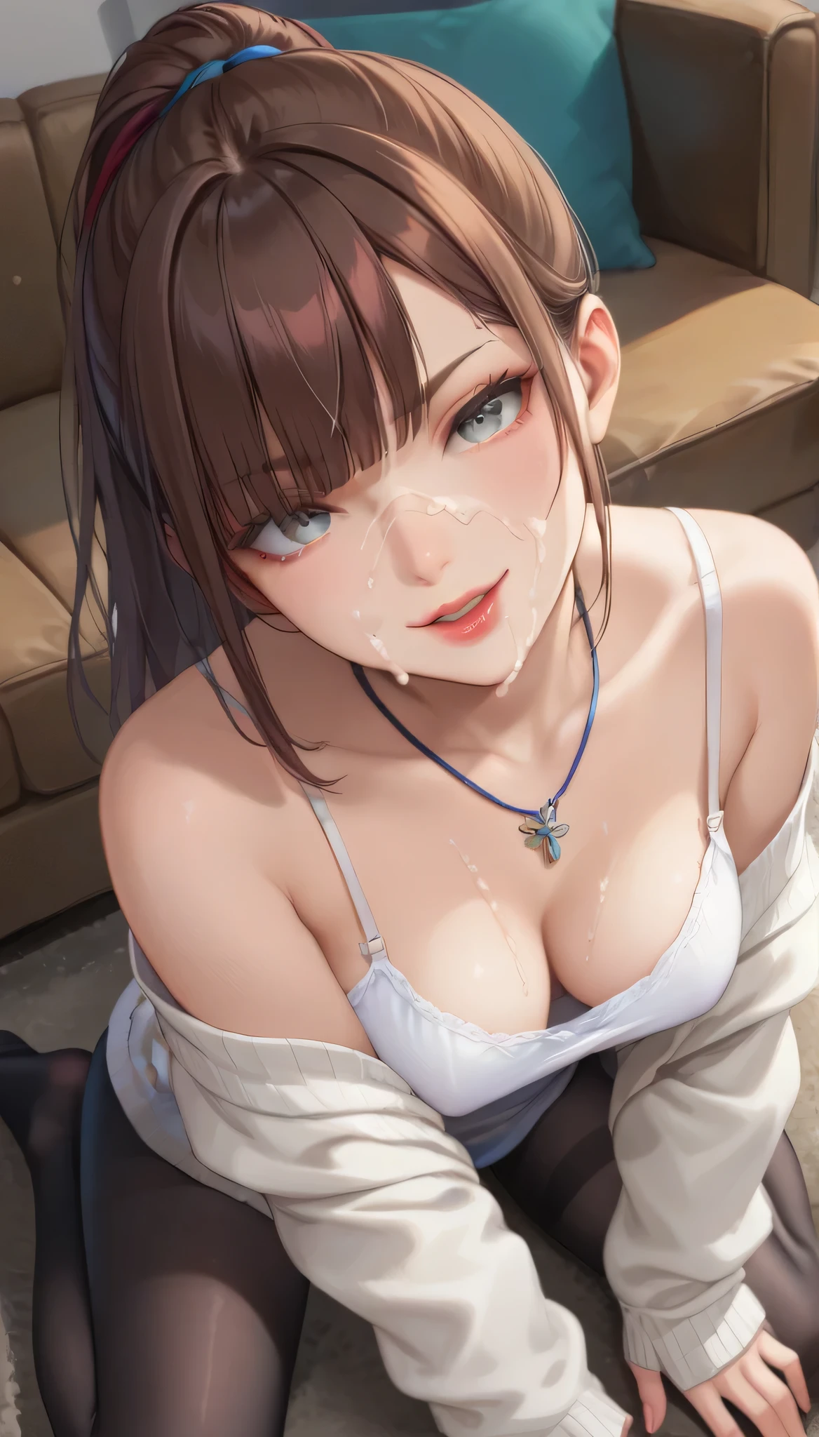 score_9, score_8_up, score_7_up, masterpiece, absurdres, 1girl, living room, silver eyes, brown hair, (((long straight hair))), ponytail, medium breasts, expressive eyes, hair over one eye , clothed, sitting on couch, adult, smile, pouting, ((glossy lips)), White sundress, (((black tights))), head tilt, pale skin, open mouth, (glossy skin), ((white cardigan)), blue necklace, blunt bangs, smirk, :3, red lips, view from above, red streaked hair, cum on face,