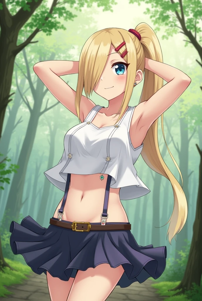 1girl, solo,blue eyes, ponytail, hair over one eye, hairclip,earrings,looking at viewer,breasts, long hair, blonde hair, large breasts,standing,outdoors,forest,smile,closed mouth,skirt, sleeveless shirt, midriff, navel, fishnets, ninja, cowboy shot, arms behind head,  