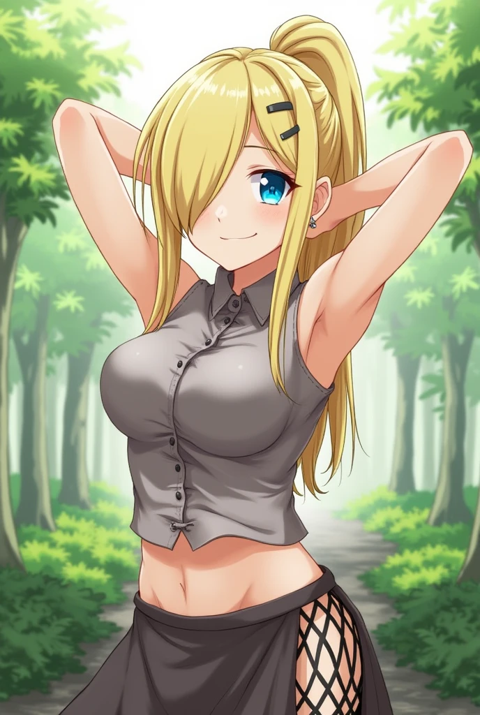 1girl, solo,blue eyes, ponytail, hair over one eye, hairclip,earrings,looking at viewer,breasts, long hair, blonde hair, large breasts,standing,outdoors,forest,smile,closed mouth,skirt, sleeveless shirt, midriff, navel, fishnets, ninja, cowboy shot, arms behind head,  