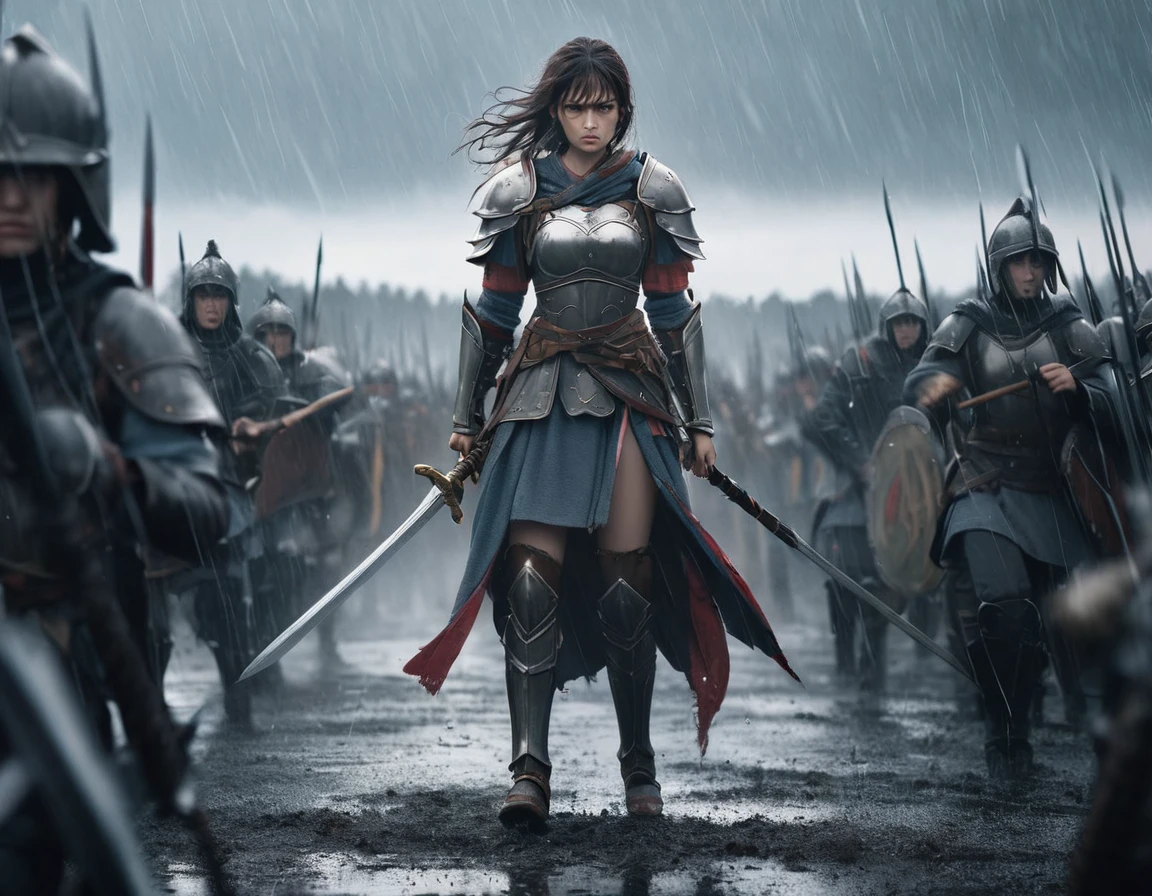 (masterpiece, Highest quality:1.2), warrior girl standing on battle field alone, cinematic scene, motion blur, rainy atmosphere, sad and angry expression, highlight colors,