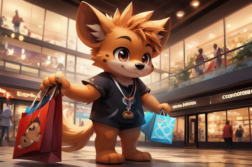 masterpiece,3d,Cute anthropomorphic hyena,boy,Shopping at the mall,Highest quality,Brown eyes,feet,hair,A bustling shopping mall is in the background,Manga Style,白hair、alone, Animal ears, Close-up, Background blur, Animal ears, Digital Art,