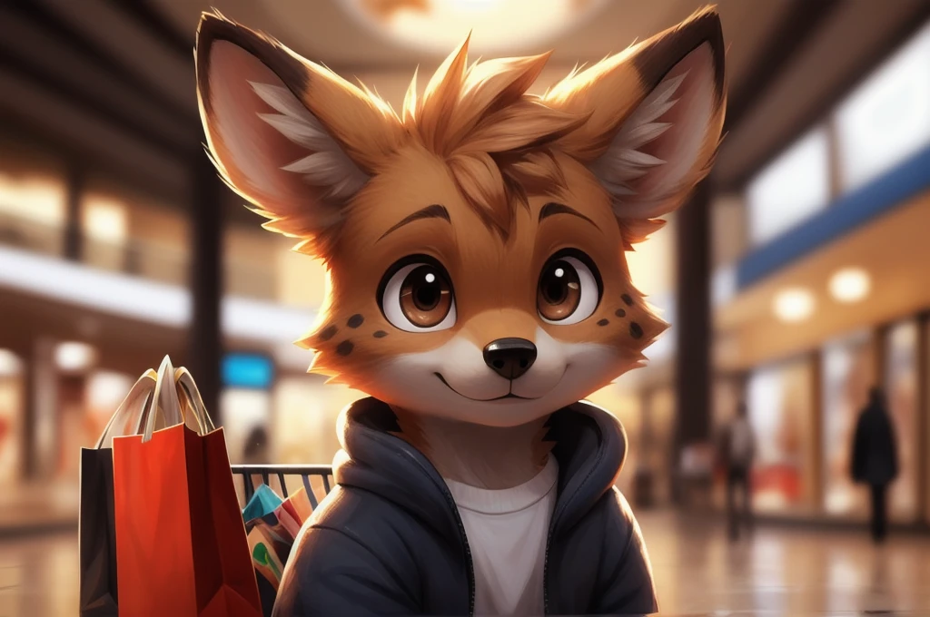 masterpiece,3d,Cute anthropomorphic hyena,boy,Shopping at the mall,Highest quality,Brown eyes,feet,hair,A bustling shopping mall is in the background,Manga Style,白hair、alone, Animal ears, Close-up, Background blur, Animal ears, Digital Art,