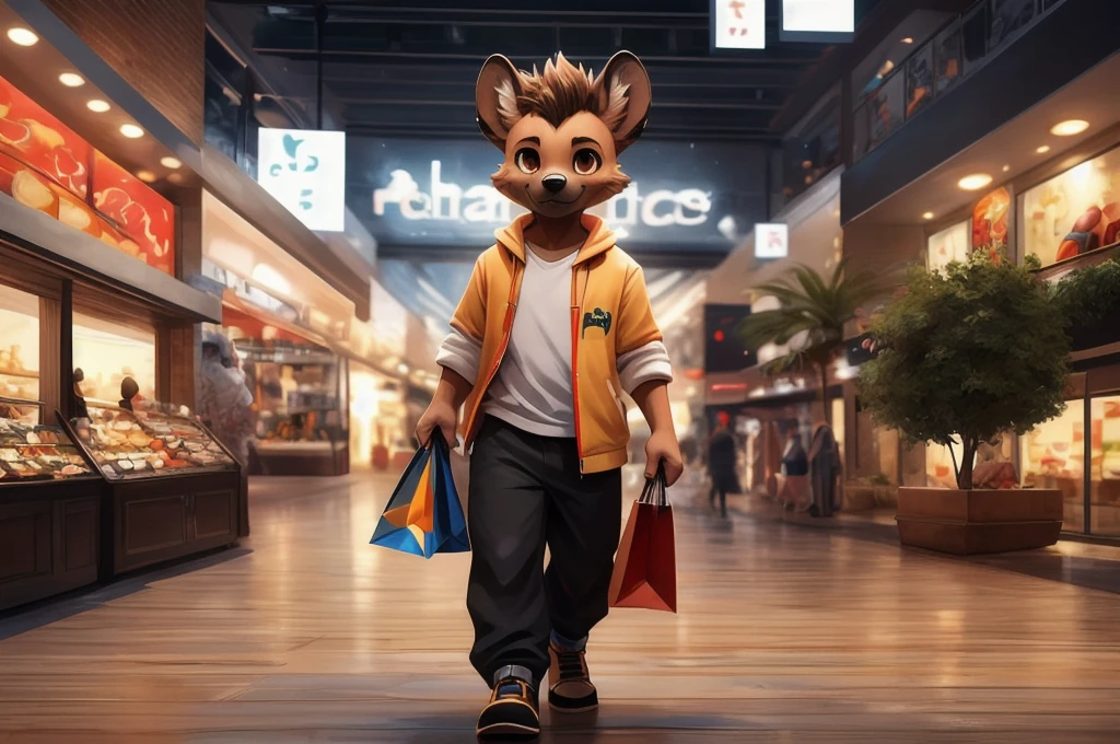masterpiece,3d,Cute anthropomorphic hyena,boy,Shopping at the mall,Highest quality,Brown eyes,feet,hair,A bustling shopping mall is in the background,Manga Style,白hair、alone, Animal ears, Close-up, Background blur, Animal ears, Digital Art,