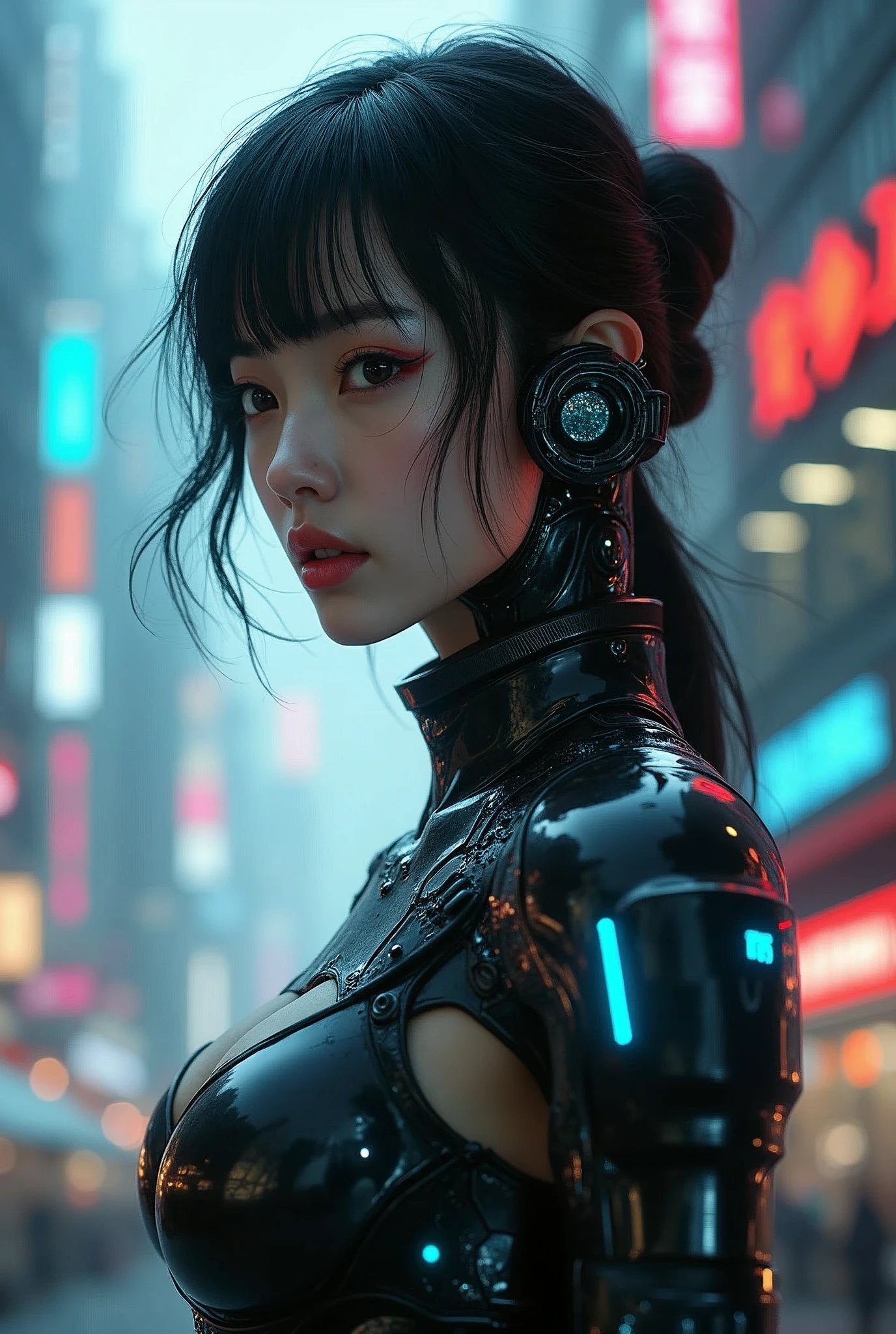 A japanese woman with cybernetic implants, cyborg, dramatic lighting, glowing neon lights, futuristic architecture, advanced technology, hyper-detailed, cinematic composition, dramatic pose, intricate details, rich colors, moody atmosphere, masterpiece, Text "SeaArt Infinity"