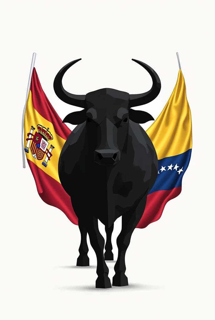 Make an image where the geometric silhouette of a bull appears (black and white), the flag of Spain, the flag of venezuela (in feminine)