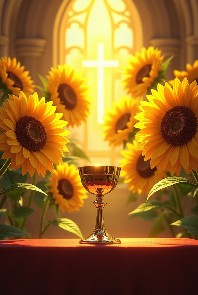 Chalice and ciborium in alter surrounded with sunflower background in church
