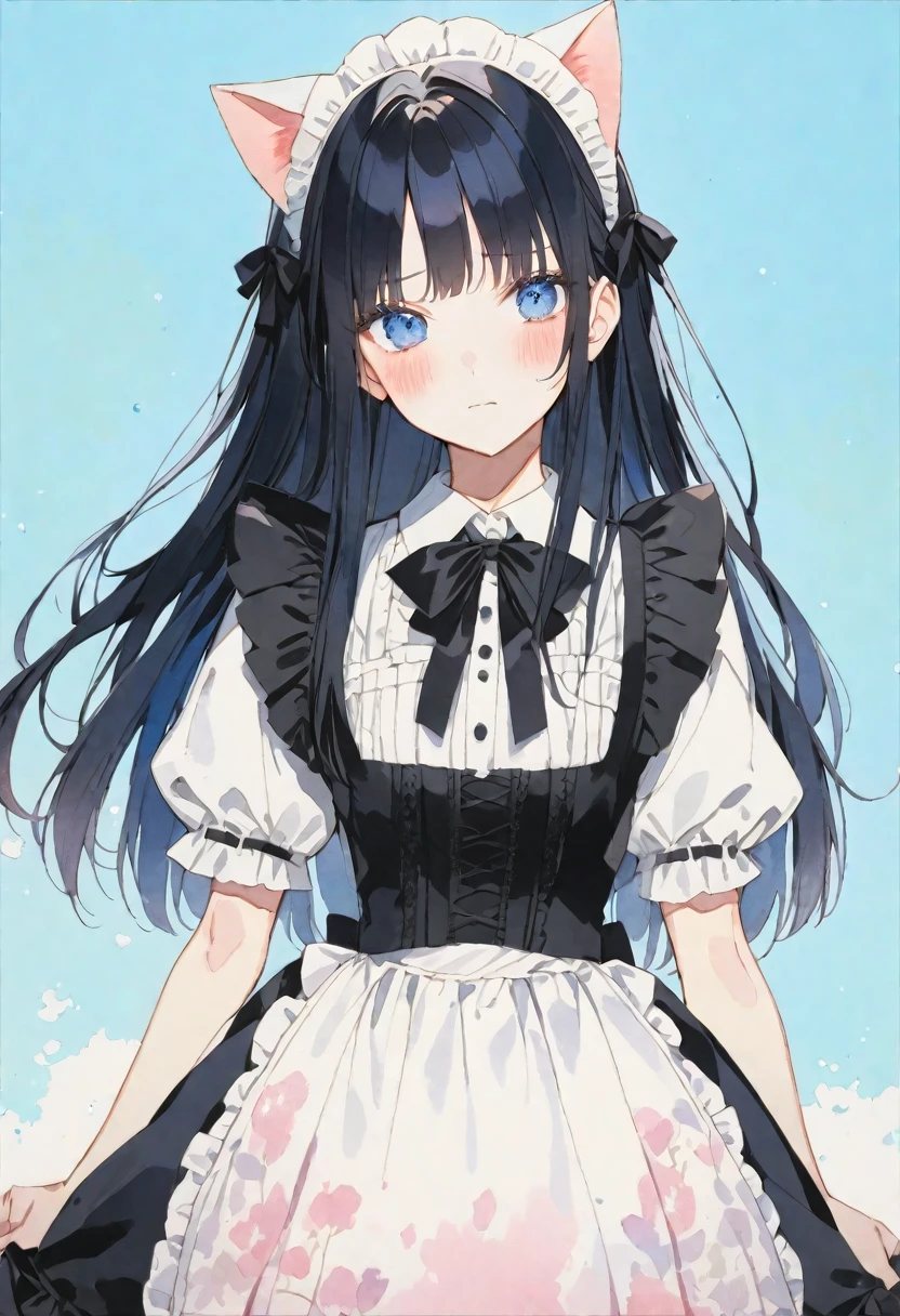 alone, good looking, watercolor,
1. woman,
Hime cut,Straight hair,Long Hair, Black Hair, Cat ear,
blue eyes,Soft impression,Lolita,18-year-old,
ゴシックLolita,Maid clothes,stylish,
skin,Embarrassed,
Blue background,