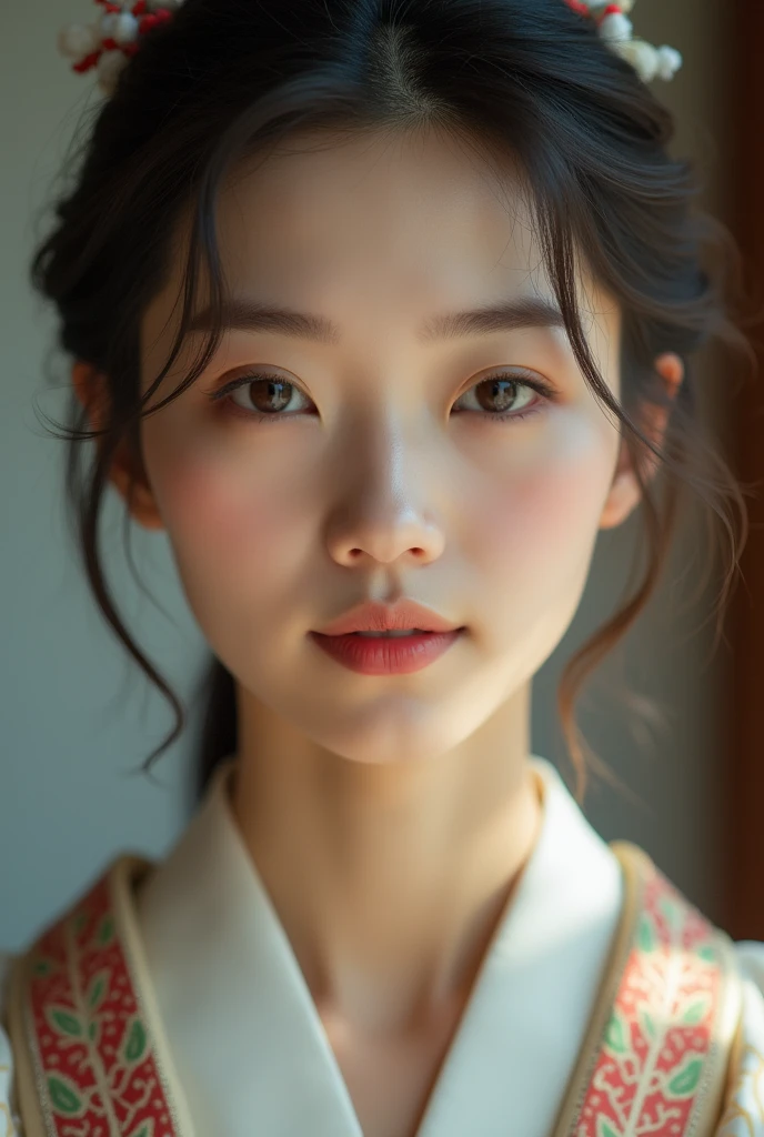 An elegantly dressed Japanese woman in natural light、A close-up of her chest and calm expression.、It shows her inner peace and outer charm.。