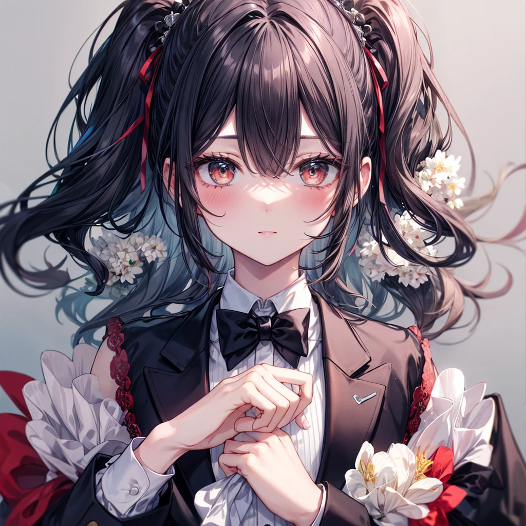 ((Highest quality)), ((masterpiece)), (detailed), 1woman, 独奏, black hair, (tuxedo), blush, whole body