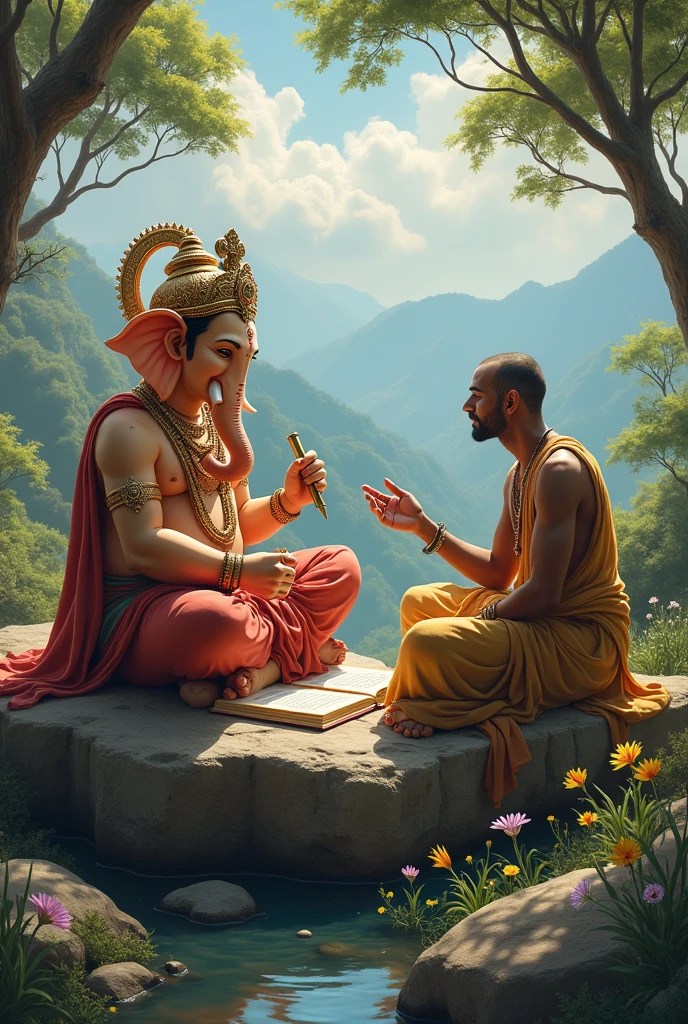 Indian god Ganesh writing book and Indian sage sitting on the rock and explain to him