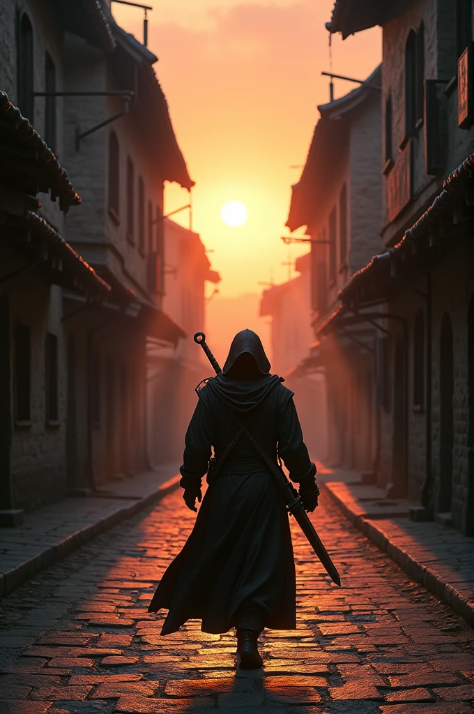 Asassin with sword in the back , front view , walking alone in the middle of medieval city, sunset background