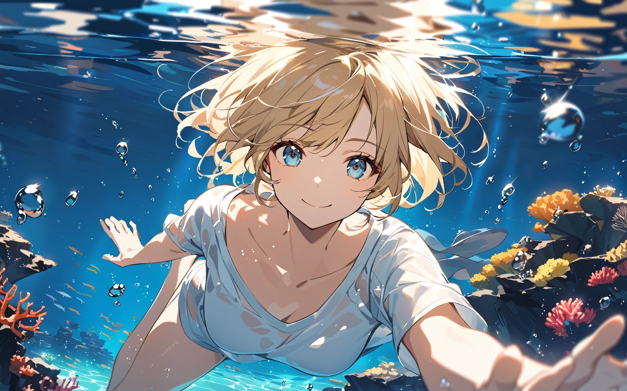 Floating, One Cute Woman, Beautiful Eyes, Shining Hair, Short-cut Blonde Hair, Underwater, Swimming, Reaching Out, Blue Sea, Coral, Woman Swimming While Wearing a Shirt, Smiling, Bubbles, Shining from the Water Surface Light, Cozy, Relaxing in the water, Eyes open, Full body portrait, Kicking water with feet
