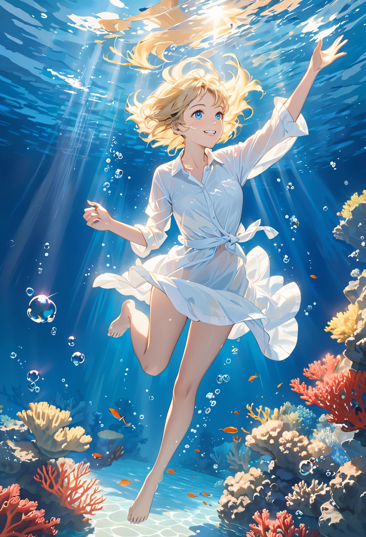 Floating, One Cute Woman, Beautiful Eyes, Shining Hair, Short-cut Blonde Hair, Underwater, Swimming, Reaching Out, Blue Sea, Coral, Woman Swimming While Wearing a Shirt, Smiling, Bubbles, Shining from the Water Surface Light, Cozy, Relaxing in the water, Eyes open, Full body portrait, Kicking water with feet