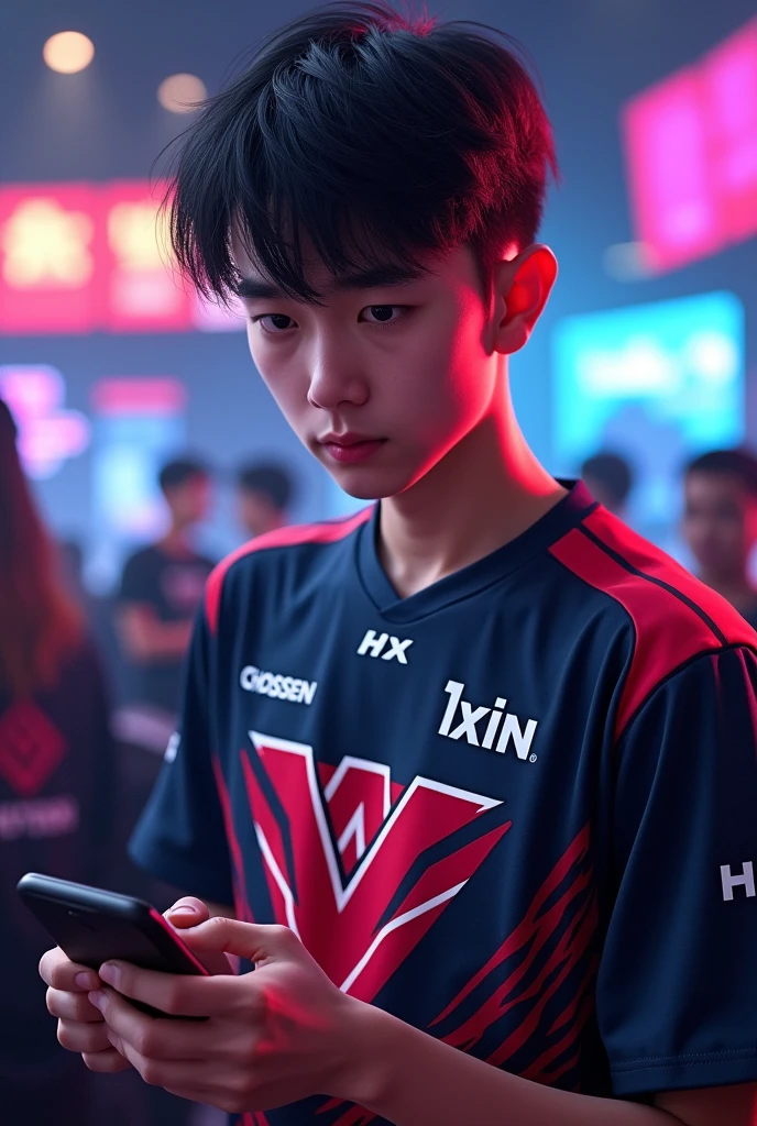 A young man, mobile gamer wearing esports jersy with a name "Chossen|1xin" at the back.