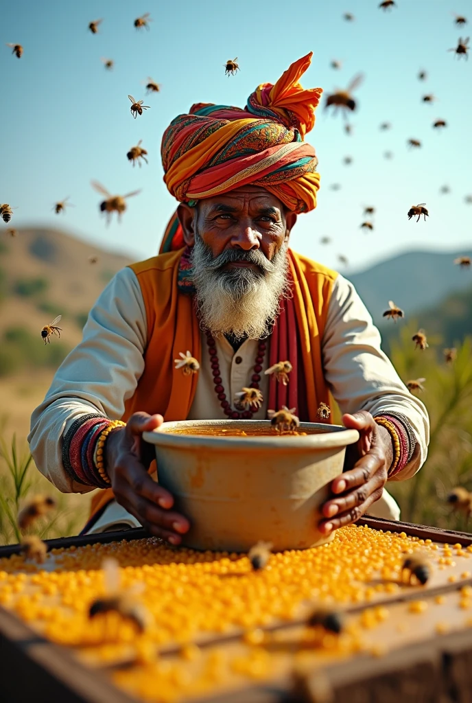A Rajasthani man with a turban on his head is collecting honey from bees. He has a bucket in his hand to pour honey and bees are flying all around (image size 16:9 Horizontal)
