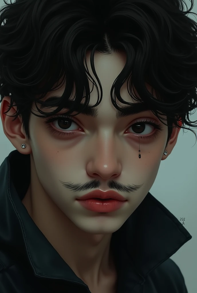 16 year old male with black eyes and curly hair with large eyebrows and a mustache and a mole on his chin with strands of hair