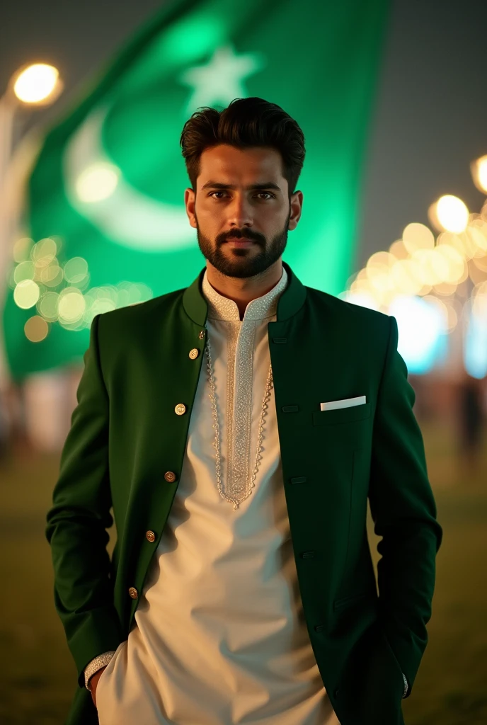 a handsome man in white and green kurta shalwar wirh jacket on independence day, with a backgroun of blur lights and oakistan flag celebration