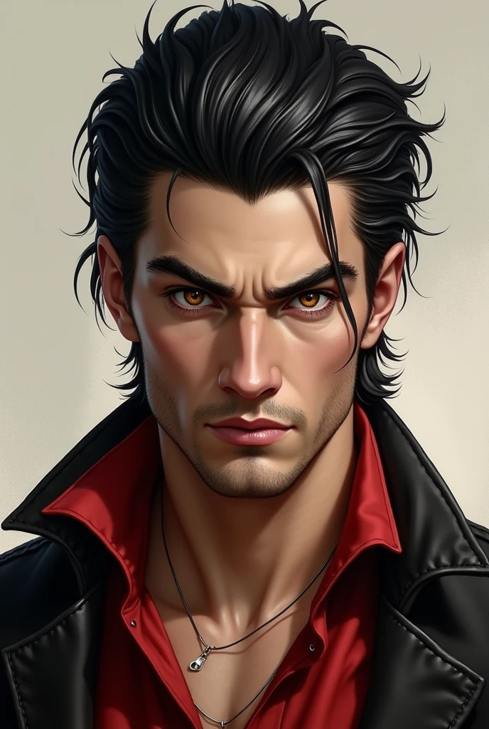Exact, now make him a man with black hair brown eyes and red and black clothes