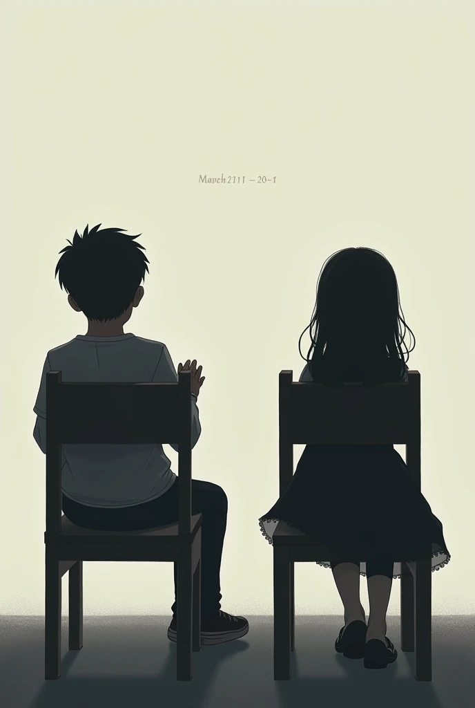 I want a picture that has two chairs in the middle, in the left chair sits a sad boy and in the right chair sits a black shadow of a girl.
