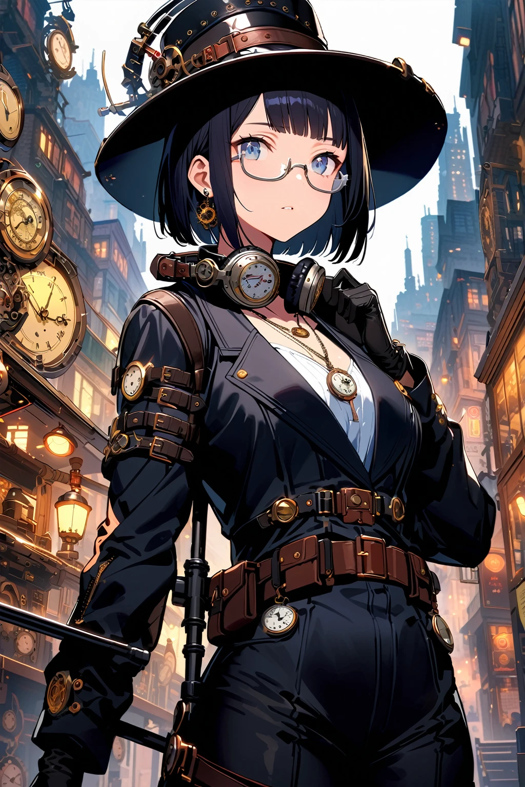 (extremely detailed fine touch:1.3), (((silver semi-rimless eyewear:1.3))), (wear silver headphones around neck:1.0), black short hair, blunt bangs, 1girl, solo, earring, steampunk, black suit, (black silk hat:1.2), black long pants, pocket watch necklace, black gloves, holding black stick, extremely detailed steampunk cityscape, night