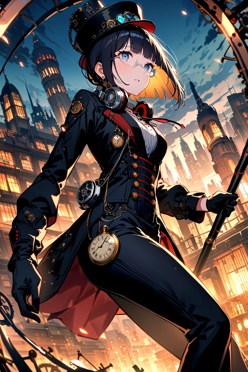 (extremely detailed fine touch:1.3), (((silver semi-rimless eyewear:1.3))), (wear silver headphones around neck:1.0), black short hair, blunt bangs, 1girl, solo, earring, steampunk, black suit, (black silk hat:1.2), black long pants, pocket watch necklace, black gloves, holding black stick, extremely detailed steampunk cityscape, night