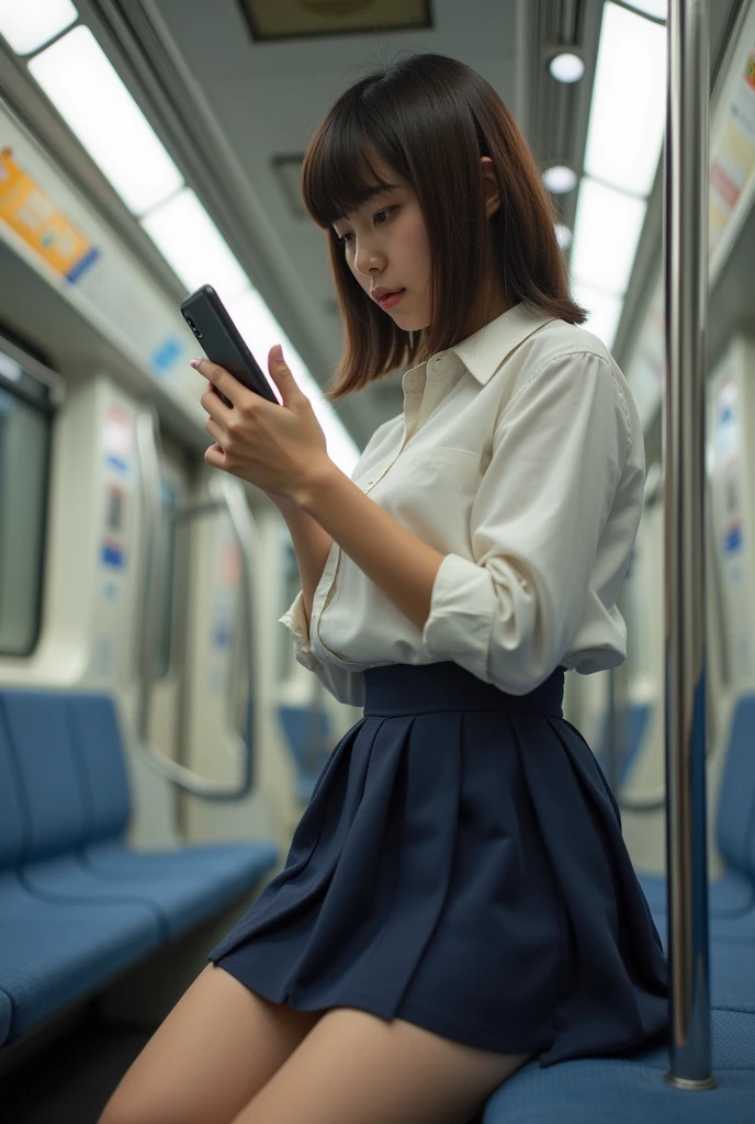 A Japanese girl with short skirt a the train, looking down at the phone taking a picture from under her skirt