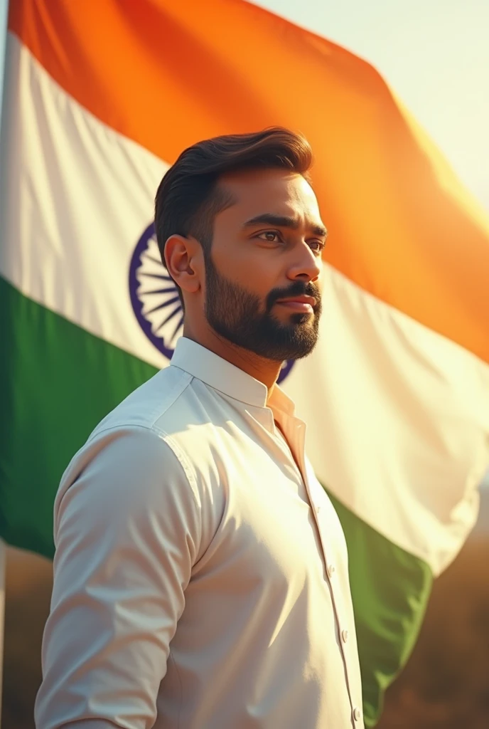 Beautiful picture with a man who wear white shirt and Indian flag with Indian culture 
