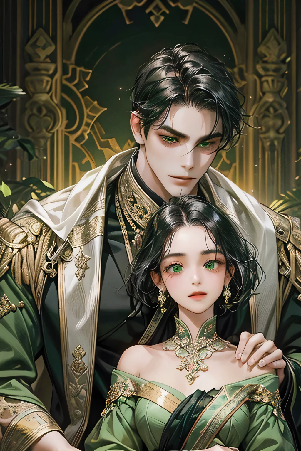 Couple, black hair, javanese prambanan style, masterpiece, best quality, realistic, romantic and charming, 29 years old, light green eyes, serious, extremely detailed face, smile,, ((short-right-swept dark black hair)), [thick eyebrows], green suit , accurate, detailed