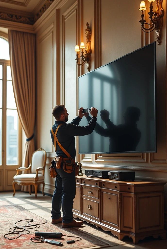 Create an image of an Tv technician's installing a brand new tv in an big house hall.