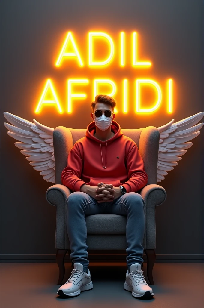create a 3D illusion for a profile picture where a 35 eyar cute man in a red hoodie sitting casually on wing back chair wearing snacker with white mask and sunglasses he looks ahead the background feature ADIl AFRIDI in big and capital yellow white neon light fonts on the dark grey wall there should not be has shadow and there are wings to make it appear as if he is an angel