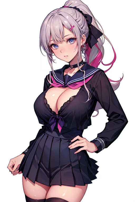 (cowboy shot: 1.5), (white background, simple background: 1.5), (masterpiece:1.5), (: 1.5), (1 girl: 1.5), young woman, (Beautiful Girl:1.tremely detailed and delicate anime face and eyes:1.5), whole body, (natural light, HDR, extremely details CG:1.3), (dynamic posture: 1.3), {correct }, (wide : 1.3), (perfect hands: 1.5), single focus, toned body, Beautiful Lips, thick lips, {surreal}, {correct posture}, {minutes details}, {detailed body}, {detailed clothing}, (Bright Eyes: 1.3), (cleavage: 1.3), {accessories}, {}, school uniform, sailor suits, (school sailor suit: 1.5), blue sailor uniform, (sailor fuku: 1.3), zettai ryoiki, (dark brown pleated skirt: 1.3), black skirt, (black shirt: 1.5), (black long sleeves: 1.3), (navy blue sailor collar: 1.3), serafuku, (white thighhighs: 1.5), ribbon, (pink neckerchief: 1.3), pink sailor tie, bracelets, black choker, dark brown heels shoes, earrings, (hairclip, hair accessories: 1.5), necklace, (long hair: 1.5), (high ponytail: 1.5), (two-tone hair: 1.5), (silver hair: 1.5), (blue hair: 1.3), (lavender hair: 1.3), (sidelocks: 1.5), (parted bangs: 1.5), glowing hair, (bright purple eyes: 1.3),
