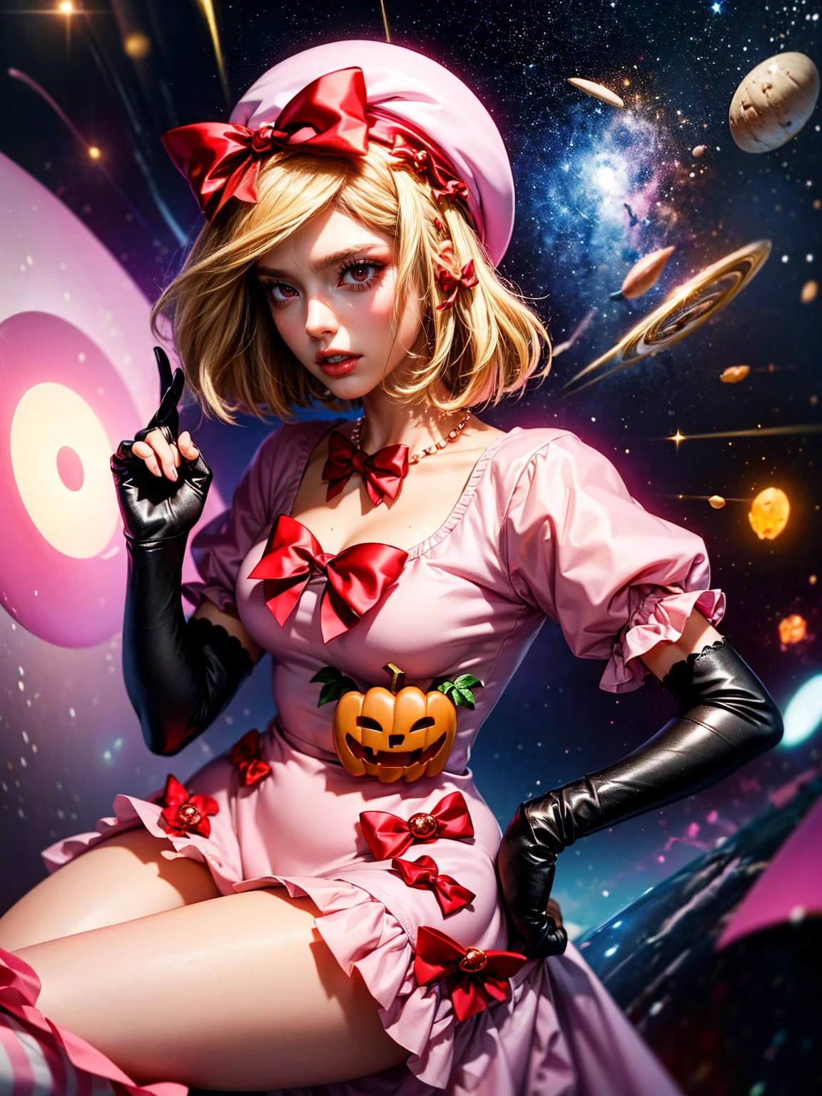 (1 lady), The beautiful, (Best quality at best:1.4), (ultra - detailed), (extremely detailed CG unified 16k), gold blonde hair, very detailed, High-definition RAW color photo, professional photoshooting, amazing face and eyes, cosmetics, (amazingly beautiful girl), ((lambdadelta, taller, tall woman)), ((dress, shoes bow, red shoes, striped stockings, red bow, pink hat, necklace, gloves, pearl, pumpkin brooch, pink dress)), levitating in a cute posture (floating in the air), (She's levitating in a cosmic sea, outer space:1.3, quantum hyperspace room lacking walls, hyperspace chamber, extremely detailed background, a lot of details background, realistic outer space background with stars quasars and cosmic bodies, brighter background), (look from above), realistic cinematic face, head to feet long wide zoomed out view, full body long view, photorealistic, ((realistic natural blonde hair style, red eyes)), gorgeous, extremely beautiful face, perfect model beauty, pout mouth, Highly Detailed Face and Skin Texture, Detailed Eyes, Double Eyelids, Small Breasts, Persistent Stare, Faith Trance, (mystical stare, looking eternity), (masterpiece), best quality, high resolution, depth of field, cinematic lighting, amazing legs, pink combat boots, clear and well-cared skin