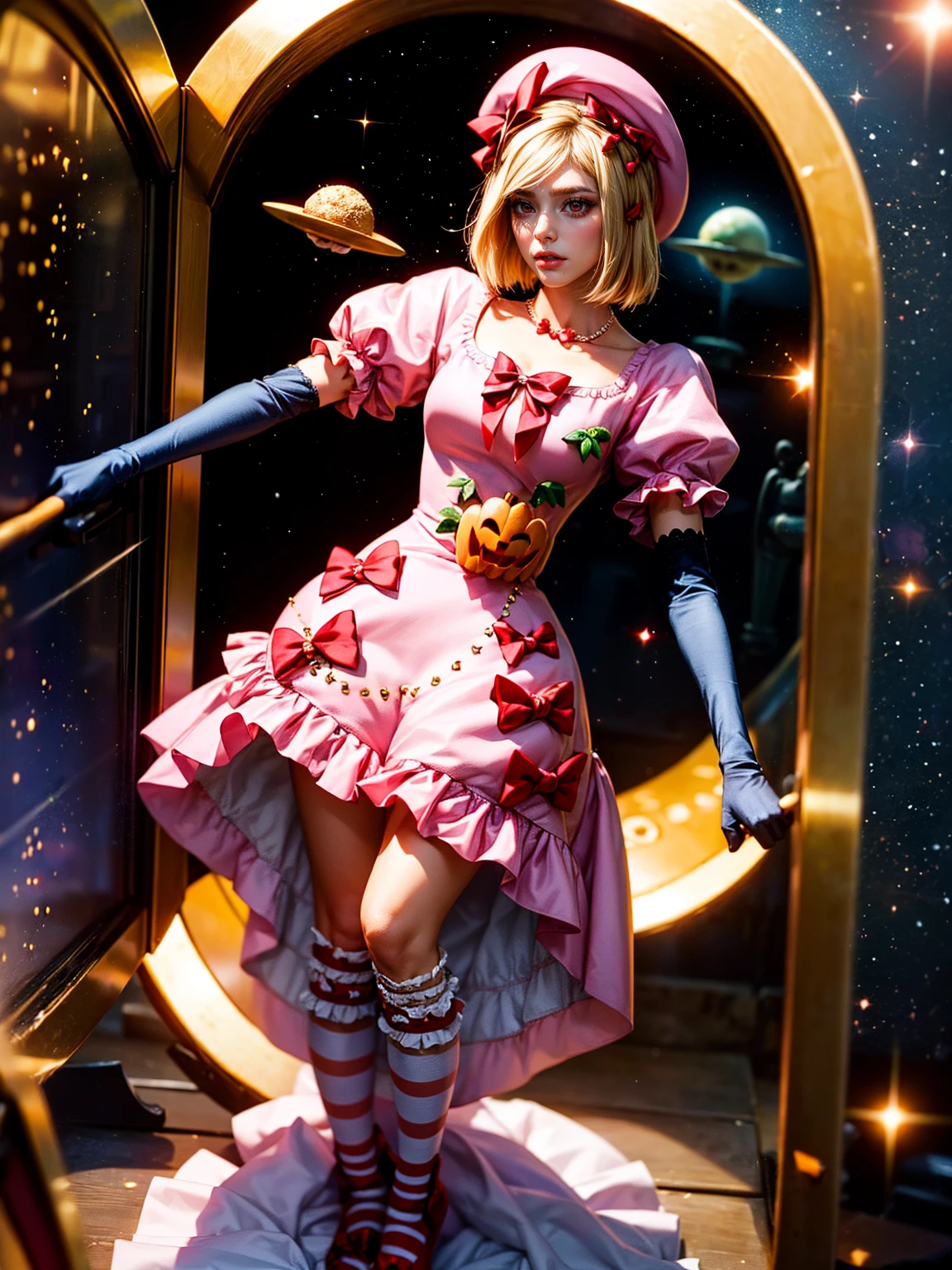 (1 lady), The beautiful, (Best quality at best:1.4), (ultra - detailed), (extremely detailed CG unified 16k), gold blonde hair, very detailed, High-definition RAW color photo, professional photoshooting, amazing face and eyes, cosmetics, (amazingly beautiful girl), ((lambdadelta, taller, tall woman)), ((dress, shoes bow, red shoes, striped stockings, red bow, pink hat, necklace, gloves, pearl, pumpkin brooch, pink dress)), levitating in a cute posture (floating in the air), (She's levitating in a cosmic sea, outer space:1.3, quantum hyperspace room lacking walls, hyperspace chamber, extremely detailed background, a lot of details background, realistic outer space background with stars quasars and cosmic bodies, brighter background), (look from above), realistic cinematic face, head to feet long wide zoomed out view, full body long view, photorealistic, ((realistic natural blonde hair style, red eyes)), gorgeous, extremely beautiful face, perfect model beauty, pout mouth, Highly Detailed Face and Skin Texture, Detailed Eyes, Double Eyelids, Small Breasts, Persistent Stare, Faith Trance, (mystical stare, looking eternity), (masterpiece), best quality, high resolution, depth of field, cinematic lighting, amazing legs, pink combat boots, clear and well-cared skin