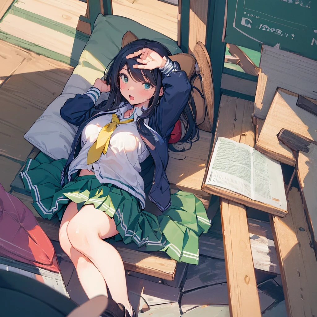 ((((sexy))))メジロマックイーン, 1girl, breasts, skirt,  1boy, school uniform, hetero, censored, serafuku, solo focus, bag, pillow, pov, stuffed toy, stuffed animal, green skirt, school bag, teddy bear, ooarai school uniform, id card, skirt removed