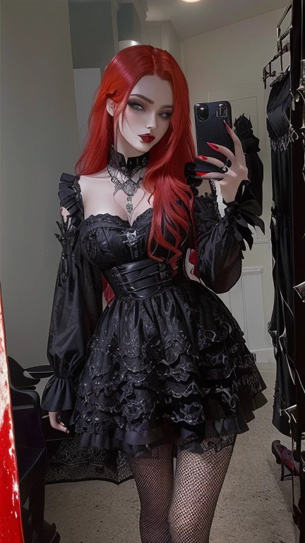araffe woman with red hair and black dress taking a selfie, wearing a gothic dress, witchcore clothes, witchy clothing, goth vibe, gothic outfit, gothic horror vibes, fantasy outfit, outfit photo, dark astral dress, goth style, dark dress, 1 7 - year - old goth girl, gothic dress, goth girl, wearing modern gothic clothes