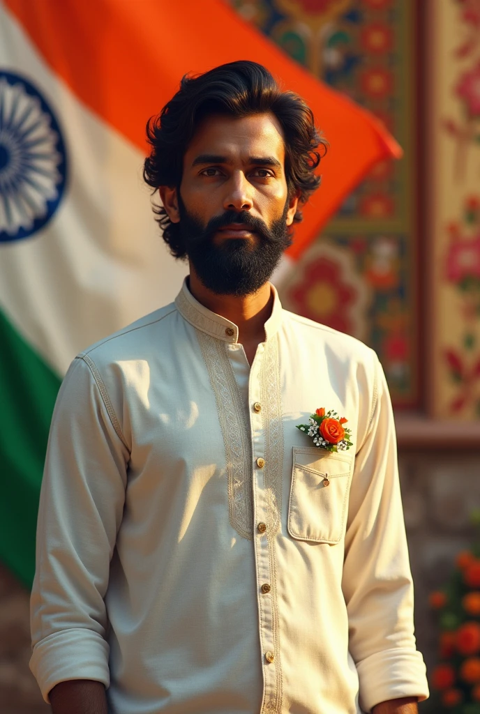 Beautiful picture with a man whose name Ranjit and he wear white shirt and Indian flag with Indian culture