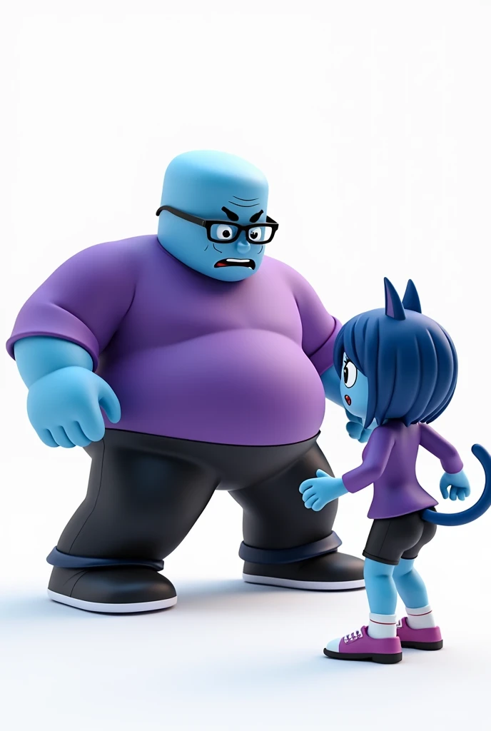 a bald guy, blue skin, wears glasses, purple shirt with long sleeves, black pants, crazy, very fat, scary, chasing an anime girl with blue skin, blue hair, cat ears blue, wears glasses, purple shirt with long sleeves, short black pants, wears white socks, have cat tail blue, scared expression, Roblox style, white background only