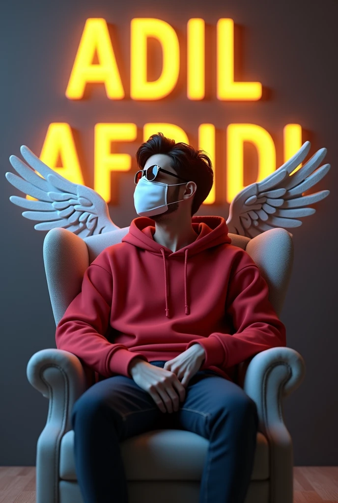create a 3D illusion for a profile picture where a 19 eyar cute man in a red hoodie sitting casually on wing back chair wearing snacker with white mask and sunglasses he looks ahead the background feature ADIl AFRIDI in big and capital yellow white neon light fonts on the dark grey wall there should not be has shadow and there are wings to make it appear as if he is an angel